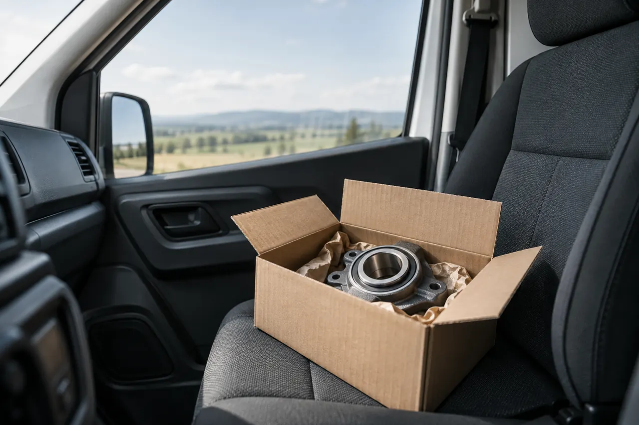 Una caja con un repuesto industrial viaja en el asiento del copiloto, lista para su entrega.